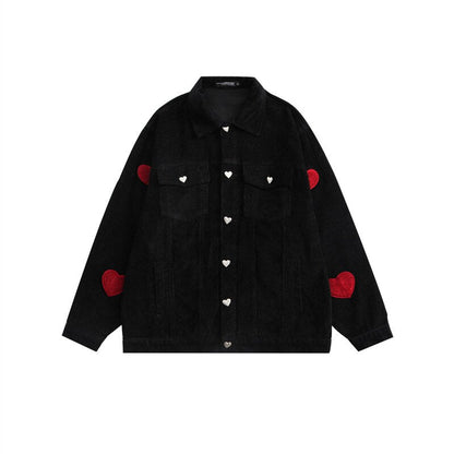 sanyamk Men Cargo Corduroy Jacket Vintage Loose Casual Couple Heart Graphic Button Candy Color Handsome Pleated Streetwear Coat