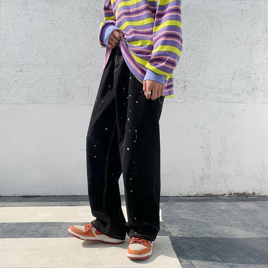 sanyamk Graffiti jeans men's spring autumn fashion hip hop handsome straight Wide Leg Pants Large loose floor Pants streetwear hiphop