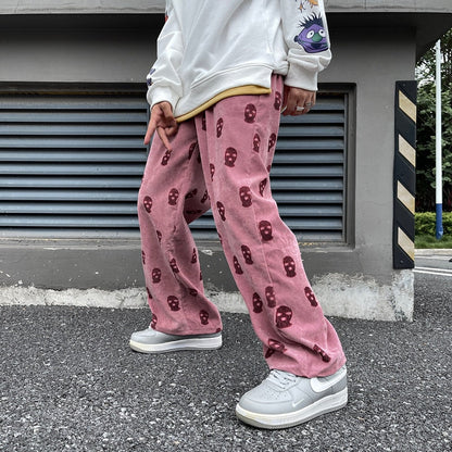 sanyamk Preppy Style Skull Full Print Drawstring Casual Corduroy Men Baggy Pants Hip Hop Straight Sweatpants Male Loose Trousers