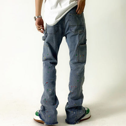 sanyamk High Street Inkjet Patchwork Blue Men Hip Hop Flares Jeans Pants Straight Retro Washed Distressed Denim Trousers Pantalon