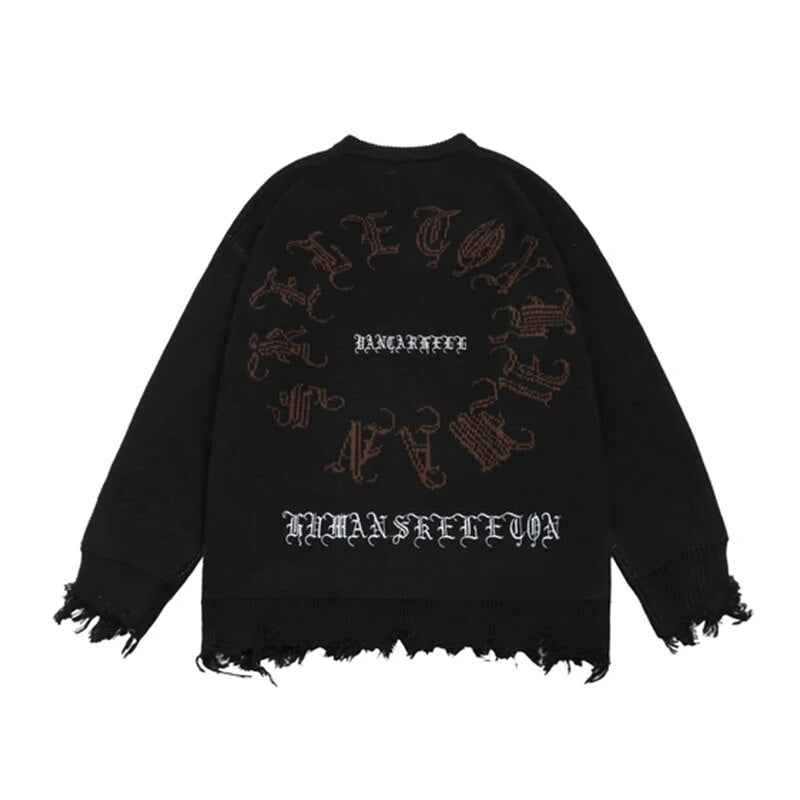 sanyamk Printed Bat Skull Sweater Letter Crew Neck Korean Pullover Black Hip Hop Street Couple Fashion Retro Large Size Cotton Sweater