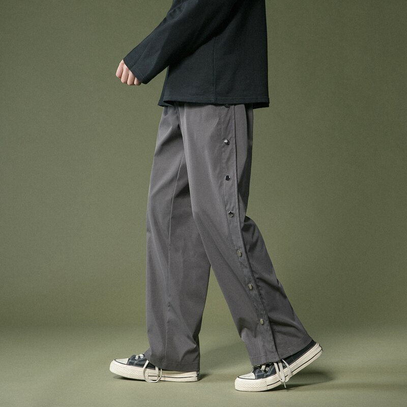 Bonsir Double Side Buttons Casual Cargo Pants Men Spring Streetwear Loose Pant Straight Trousers Mens Pants Grey/Black