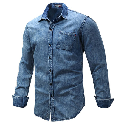 sanyamk New Men's Denim Shirt Plus Size Men's Lapel Long-Sleeved Patch Pocket Cotton Blue Shirt