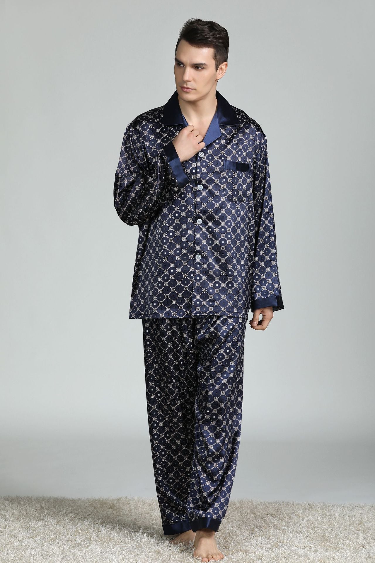 sanyamk Silk Pajamas for Men Sleepwear V-collar Cozy Soft  long sleeve nightgown Tops + Trousers Two Pieces Mens Pajama Set Pajamas Men