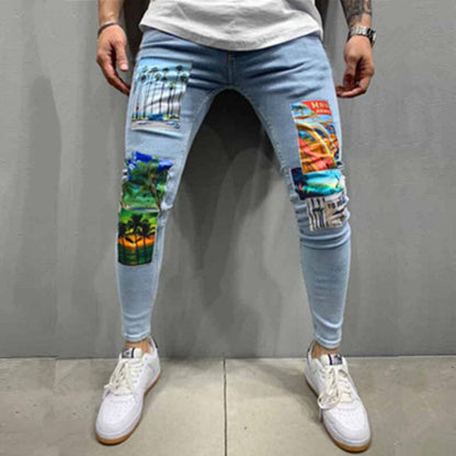 Bonsir New Fashion Mens Jeans Stretch Skinny Patchwork Cartoons Printed Black Jean Men Streetwear Denim Punk Pants Vaqueros Hombre