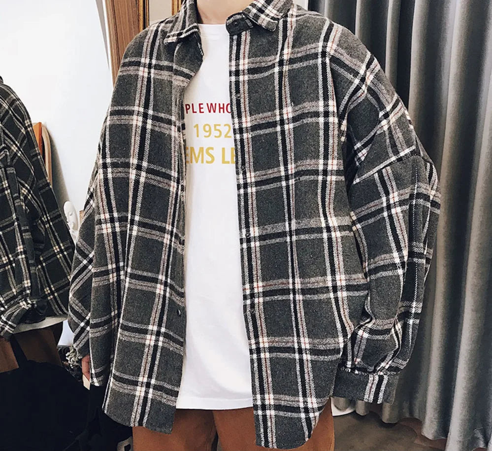 sanyamk Harajuku Block Plaid Block Men's Men Streetwear Men's Thick, Manly Sleeve Shirts of Vintage Korean Fashion Clothes