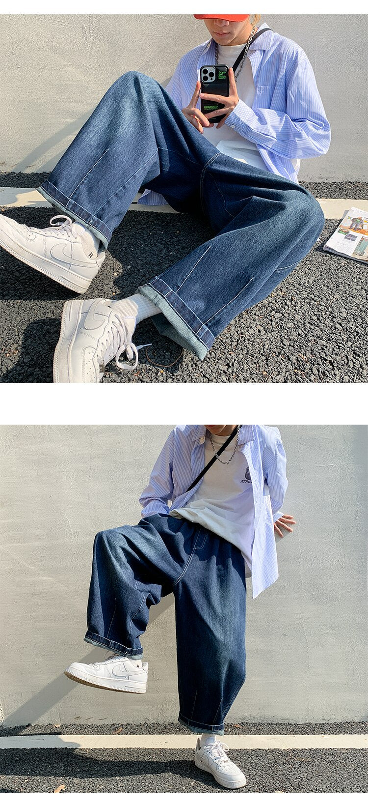 Bonsir Mens Straight Baggy Jeans Harem Pants Men Denim Jeans for Teens Trousers Korean Fashion Male Trendy Streetwear Drawstring Pants