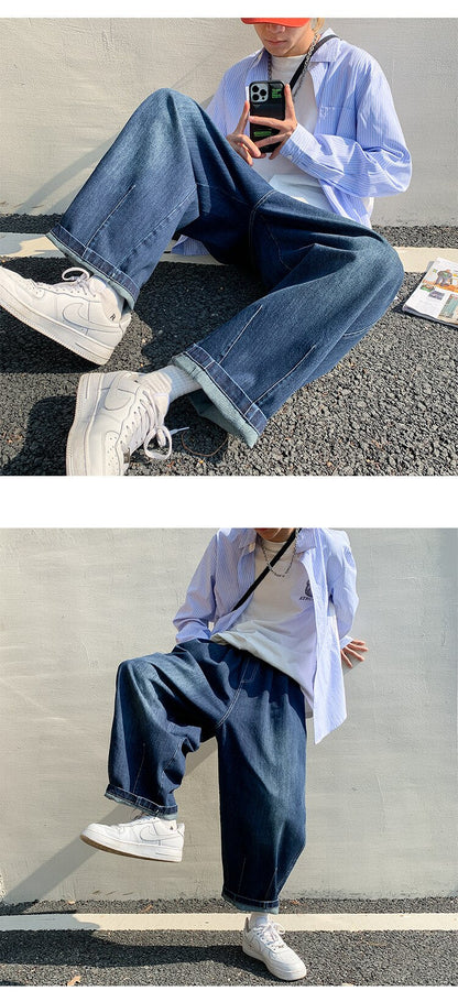 sanyamk Mens Straight Baggy Jeans Harem Pants Men Denim Jeans for Teens Trousers Korean Fashion Male Trendy Streetwear Drawstring Pants