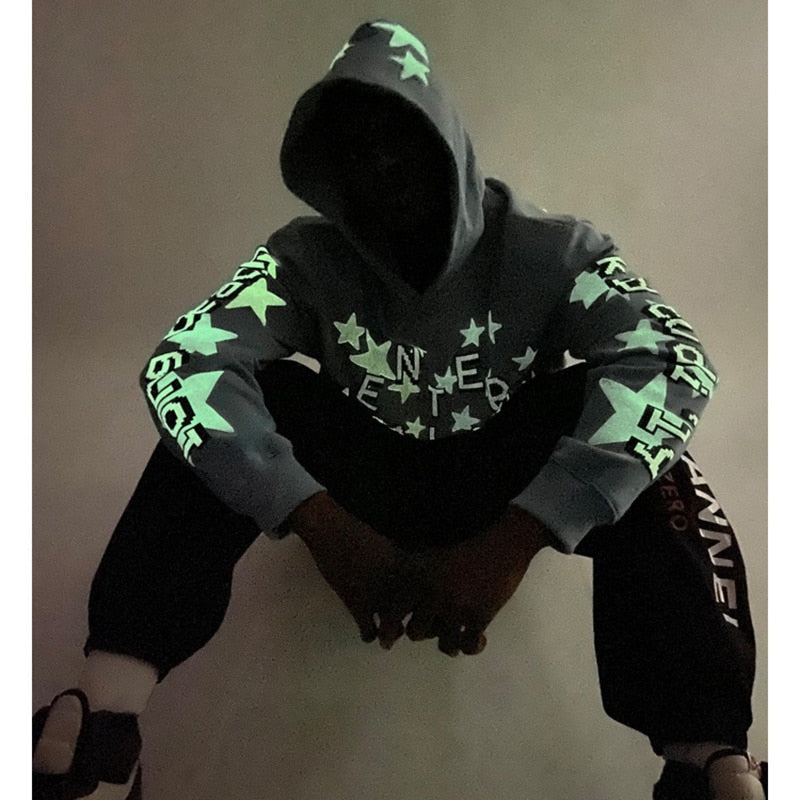 Bonsir Five Star Letter Print Luminous Stranger Things Hoodies Men and Women Hanrajuku Stretwear Oversize Sweatshirt Hip Hop Hoody