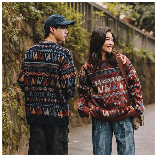 Bonsir Sweater Winter thick ethnic camel round neck pullover sweater for men and women loose casual Japanese retro y2k couple knit coat