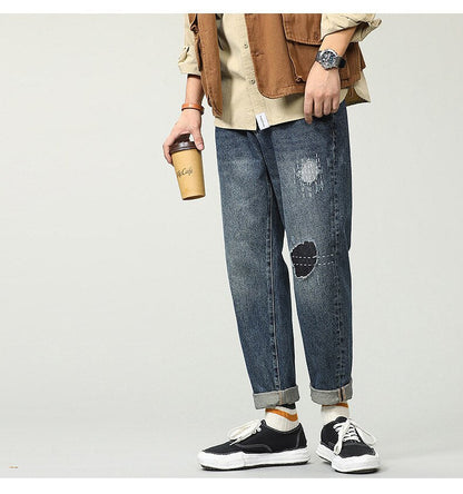 sanyamk Vintage Patch Jeans Autumn Casual Men Denim Pants Personality Trendy High Street Hip Hop Japan Style Loose Ankle-Length Trousers