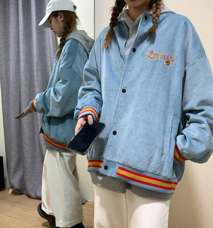 Bonsir Corduroy Embroidered Baseball suit men's fashion ins American single breasted couple loose jacket Vintage spring coat streetwear