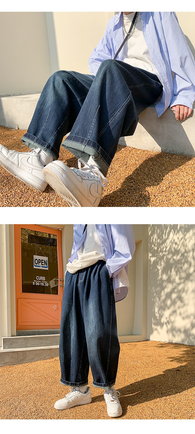 Bonsir Mens Straight Baggy Jeans Harem Pants Men Denim Jeans for Teens Trousers Korean Fashion Male Trendy Streetwear Drawstring Pants