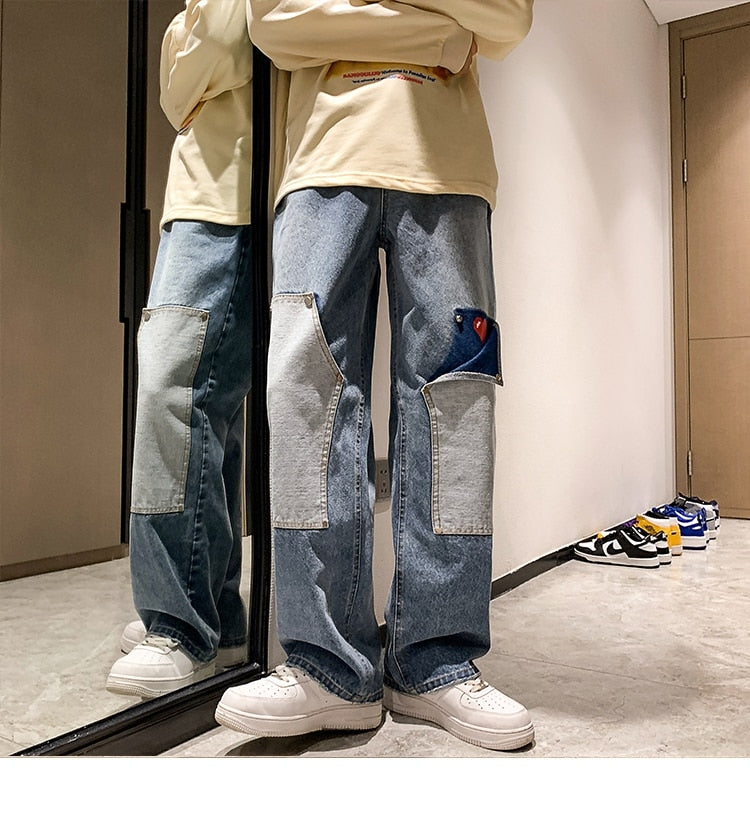 Bonsir Men Jeans Hip Hop Patchwork Oversized Straight Jean Pants Mens Red Heart Print jeans Top Quality Streetwear Denim Pants