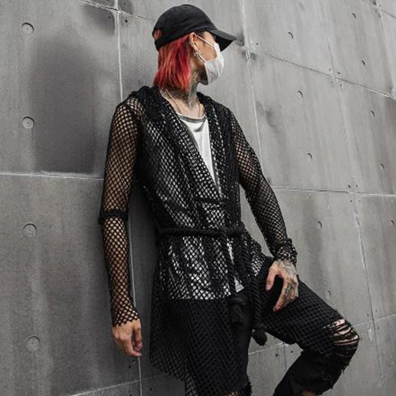 sanyamk Nightclub DJ singer sexy mesh hip hop punk rock t shirt long tops with waist rope mens harajuku gothic hooded tee shirts cloak