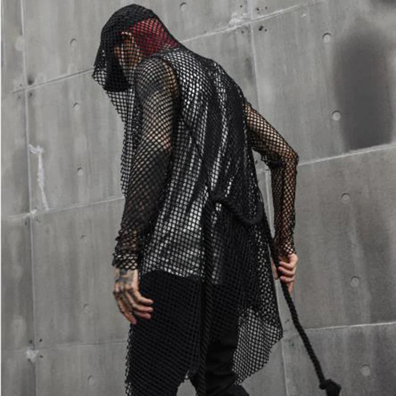 sanyamk Nightclub DJ singer sexy mesh hip hop punk rock t shirt long tops with waist rope mens harajuku gothic hooded tee shirts cloak