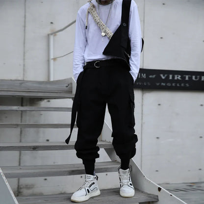 sanyamk  -  Autumn men's work clothes suspenders hair stylist dark functional casual pants teenagers loose Hip Hop Pants