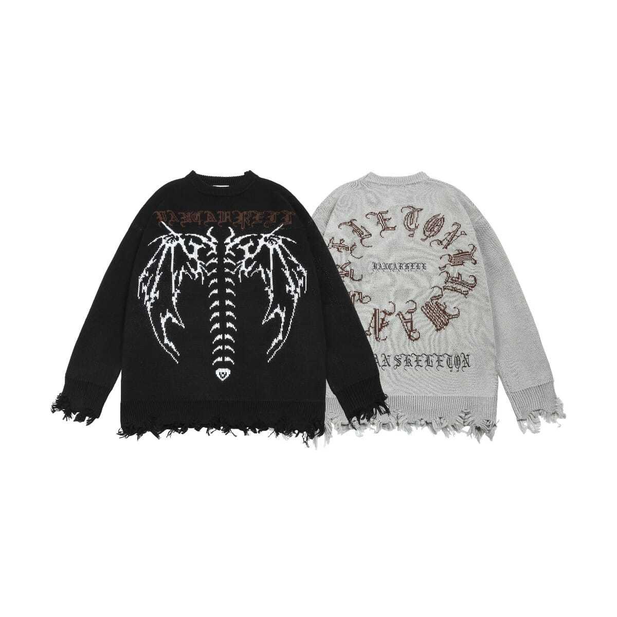 sanyamk Punk Gothic Wings Pattern Embroidery Destruction Style Oversized Sweater women Y2k Street Hip Hop Crew Neck Sweater Couple