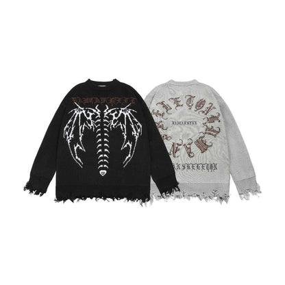 Bonsir Punk Gothic Wings Pattern Embroidery Destruction Style Oversized Sweater women Y2k Street Hip Hop Crew Neck Sweater Couple