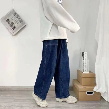 sanyamk New Style Men's Retro Streetwear Trousers Straight Overalls Hip Hop Casual Pants Trendy Loose Wide Leg Pants Blue Color Jeans