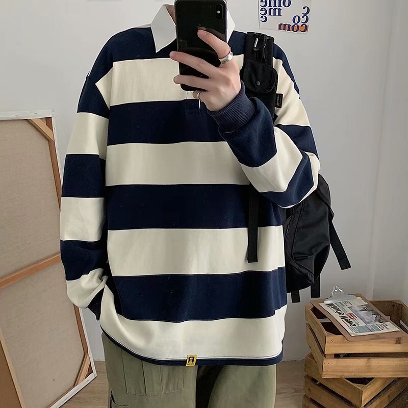 sanyamk Spring Autumn Men Striped Lapel T-shirt Trend Polo Collar Loose Long-sleeved Tshirts Ins All-match Pullover Tees British Gentle