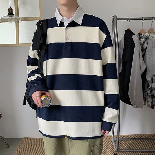 sanyamk Spring Autumn Men Striped Lapel T-shirt Trend Polo Collar Loose Long-sleeved Tshirts Ins All-match Pullover Tees British Gentle