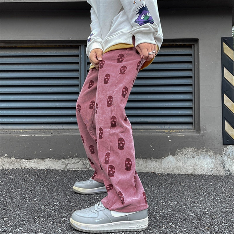 sanyamk Preppy Style Skull Full Print Drawstring Casual Corduroy Men Baggy Pants Hip Hop Straight Sweatpants Male Loose Trousers