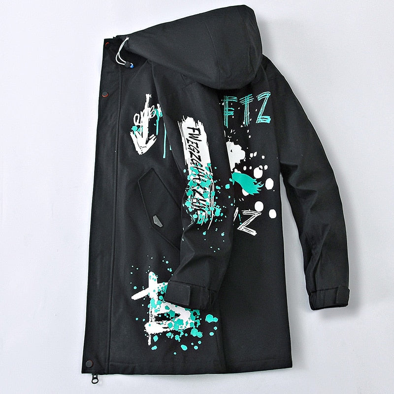 Fashion Autumn Men's Mid-Length Hooded Jacket Outwear Windbreaker Spring Printed Loose Long Coats Youth Tops Clothing Streetwear