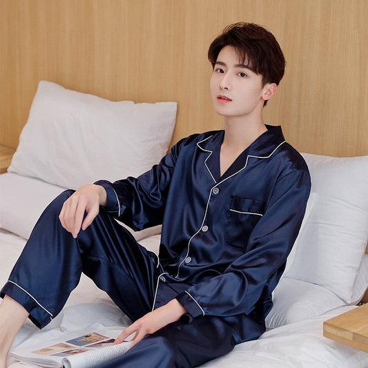 sanyamk Navy Blue Men Satin Pajamas Set 2PCS Shirt &Pants Plus Size Pyjamas Suit Long Sleeve Lounge Wear Sleepwear Nightwear 3XL