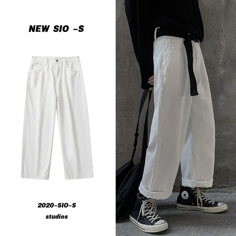 Bonsir White Street jeans wide leg pants men's straight tube loose Korean fashion ruffian handsome oversize high Street quarter men