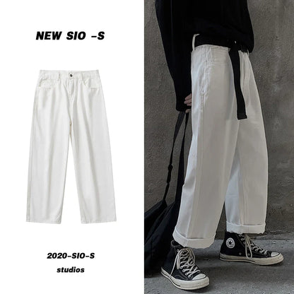 sanyamk White Street jeans wide leg pants men's straight tube loose Korean fashion ruffian handsome oversize high Street quarter men