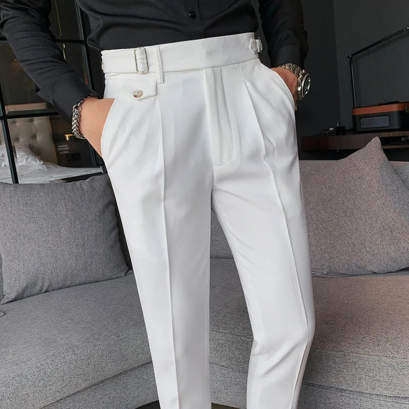 sanyamk New Design Men High Waist Trousers Solid England Business Casual Suit Pants Belt Waistline Straight Slim Fit Bottoms Clothing