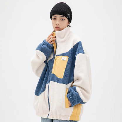 Bonsir Harajuku Color Block Zipper Lambswool Jacket Men Women Winter Sherpa Fleece Cotton Padded Jacket Coat Streetwear Outwear