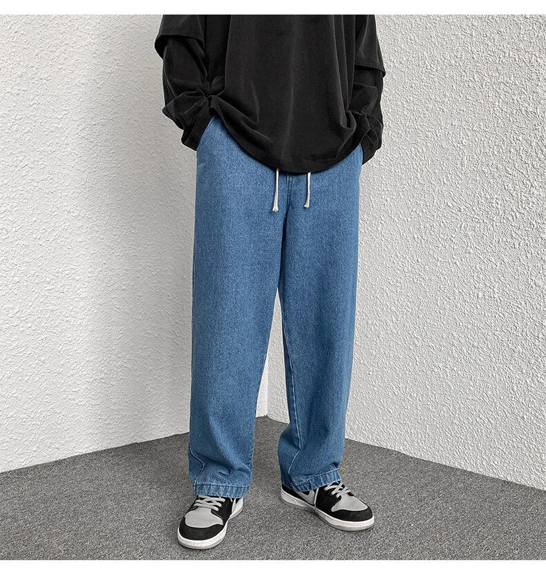 sanyamk Korean Fashion Men Wide Leg Jeans Spring Autumn New Streetwear Straight Baggy Denim Pants Male Elastic Waist Trousers 5XL-M