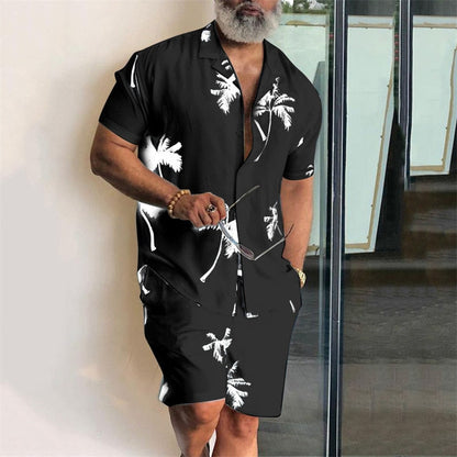 sanyamk trendy mens fashion mens summer outfits  dope outfits  Men Hawaiian Sets Beach Style Coconut Tree Printing Two Pieces Summer Suit Men Turn-down Collar Button Shirt & Pocket Shorts Set