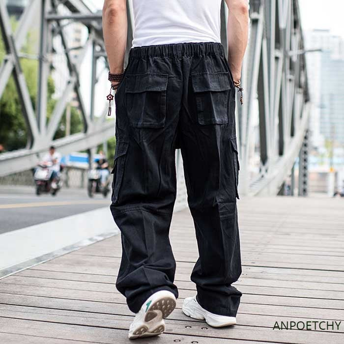 Bonsir Trendy Loose Baggy Cargo Pants Men Casual Hiphop Harem Cotton Straight Trousers Wide Leg Plus Size Streetwear Clothing