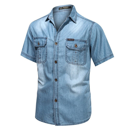 sanyamk New Mens Denim Shirts Short Sleeve Retro Light Blue Men Summer Shirt Jean Jacket Casual Buttons Tops Male Denim Shirt