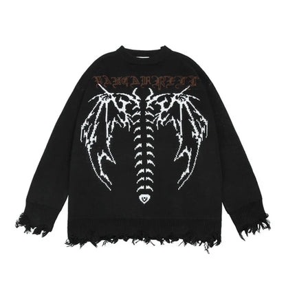 sanyamk Printed Bat Skull Sweater Letter Crew Neck Korean Pullover Black Hip Hop Street Couple Fashion Retro Large Size Cotton Sweater