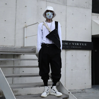 sanyamk  -  Autumn men's work clothes suspenders hair stylist dark functional casual pants teenagers loose Hip Hop Pants