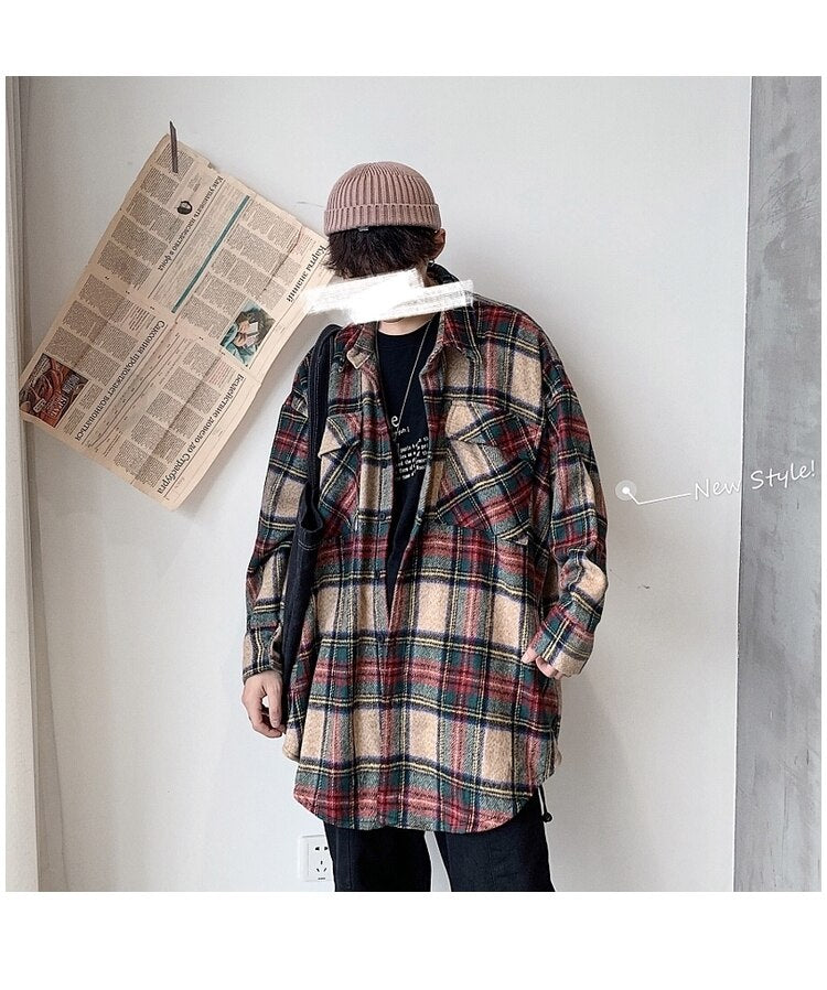 Bonsir Winter Thickening Woolen Shirt Men Fashion Retro Casual Woolen Jacket Man Streetwear Loose Woolen Coat Men Long Sleeve Shirt