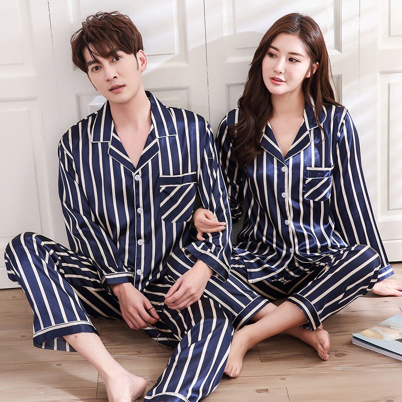 sanyamk New Lounge Wear Women Nightwear Satin PJS Suit Couple Pajamas Set 2PCS Shirt&Pants Soft Striped Lovers Sleepwear Homewear