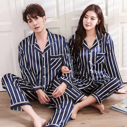 sanyamk New Lounge Wear Women Nightwear Satin PJS Suit Couple Pajamas Set 2PCS Shirt&Pants Soft Striped Lovers Sleepwear Homewear