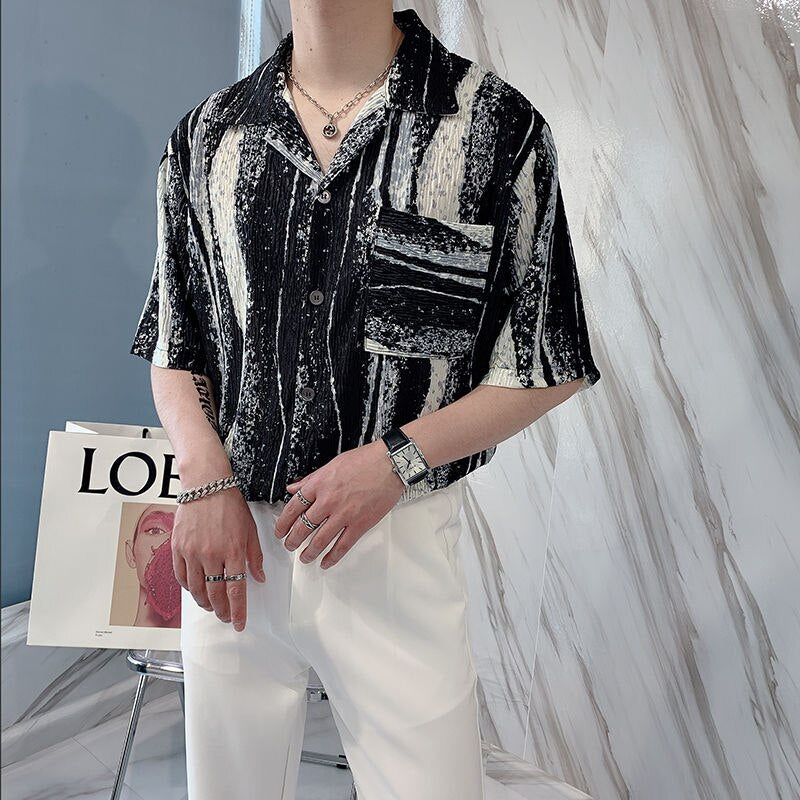 Bonsir Summer Pleated Shirts Men Slim Fashion Retro Pocket Casual Shirts Men Streetwear Korean Tie-dye Shirts Mens Dress Shirts M-2XL