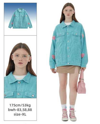 sanyamk Men Cargo Corduroy Jacket Vintage Loose Casual Couple Heart Graphic Button Candy Color Handsome Pleated Streetwear Coat