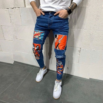 Bonsir New Fashion Mens Jeans Stretch Skinny Patchwork Cartoons Printed Black Jean Men Streetwear Denim Punk Pants Vaqueros Hombre