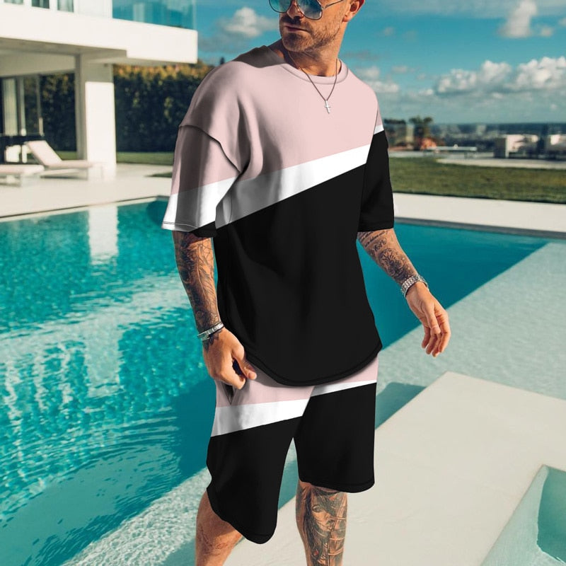 sanyamk trendy mens fashion mens summer outfits dope outfits mens street style mens spring fashion aesthetic outfits menMen Sets Short Outfits T Shirt and Shorts Male Tracksuit Set Men's Fashion Stitching Color 2 Pieces Set Summer Breathable Casual