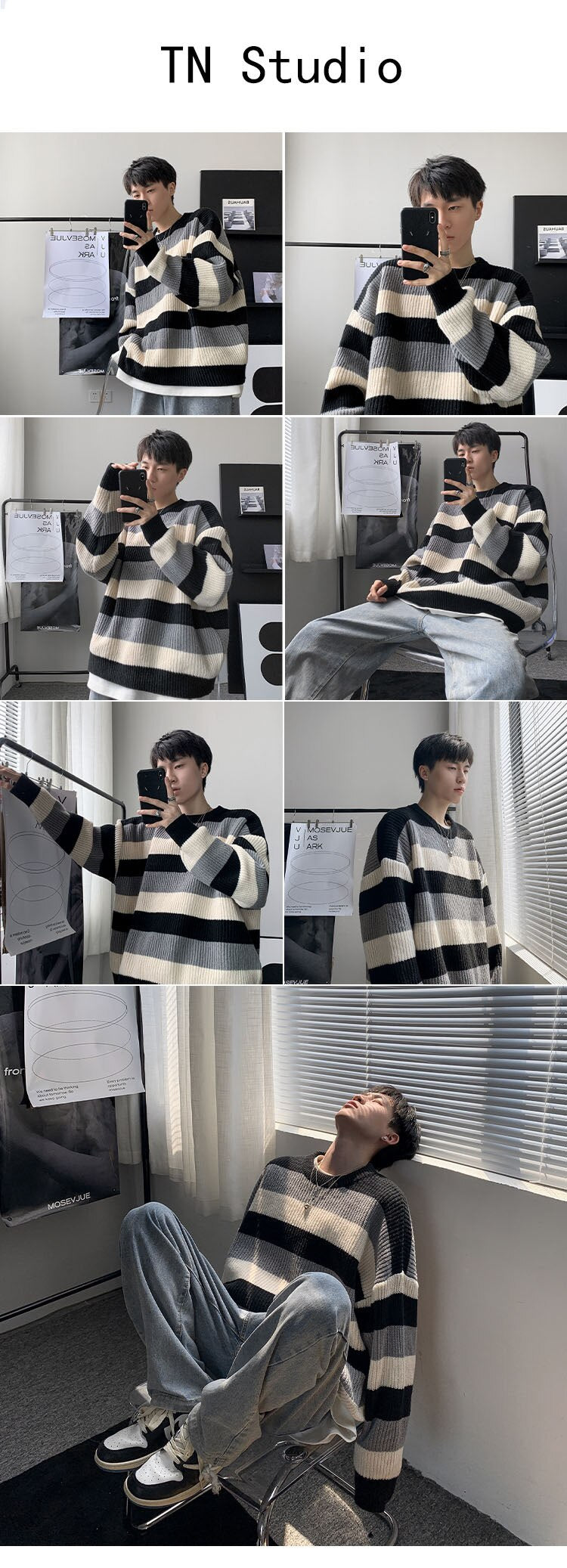 Bonsir Autumn Winter New Hong Kong Contrast Color Striped Round Neck Sweater Men's Loose Couple Bottoming Knit Sweater Soft Pullovers