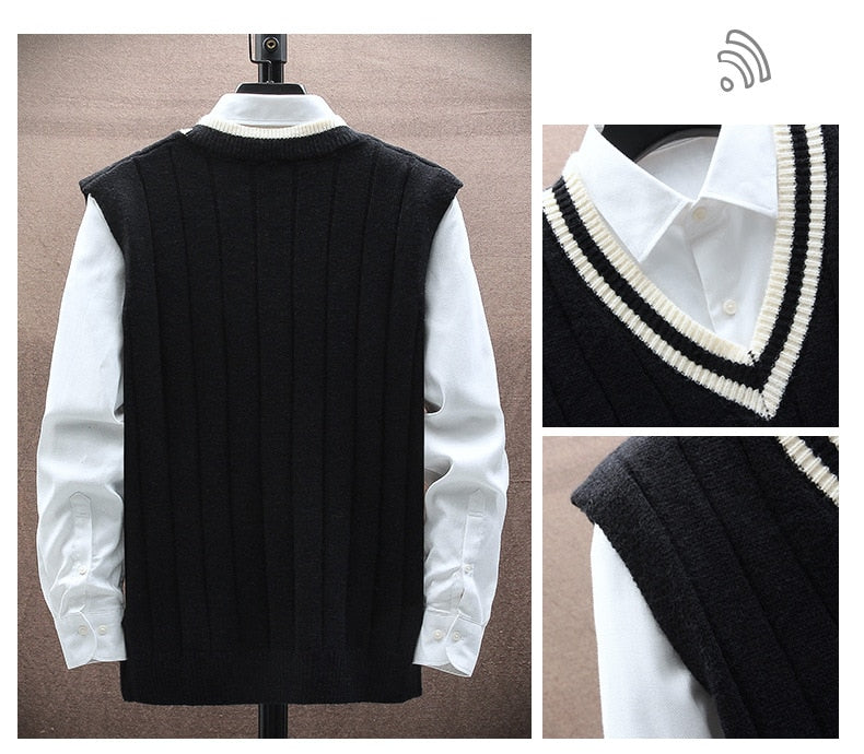 sanyamk 151 Autumn Winter Men Knitted Sweater Waistcoat Fashion Campus Casual Color Contrast Sleeveless Stripe V-Neck Patchwork Vest