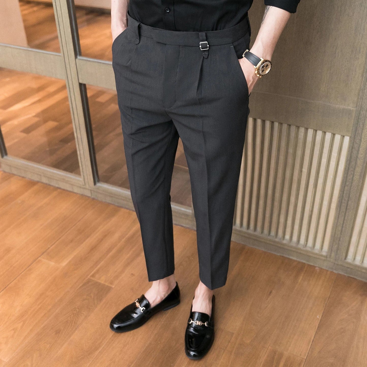 Bonsir Summer Casual Pants Men Slim Fit Business Dress Pants Ankle Length Streetwear Office Social Suit Trousers Black Grey Khaki