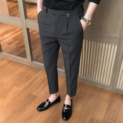 Bonsir Summer Casual Pants Men Slim Fit Business Dress Pants Ankle Length Streetwear Office Social Suit Trousers Black Grey Khaki